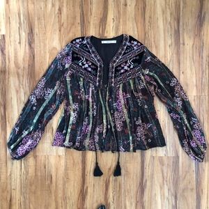 ZARA Burnout Velvet Floral Boho Tassel Jacket S